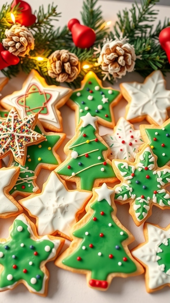 A variety of decorated Christmas sugar cookies in festive shapes on a holiday-themed table.